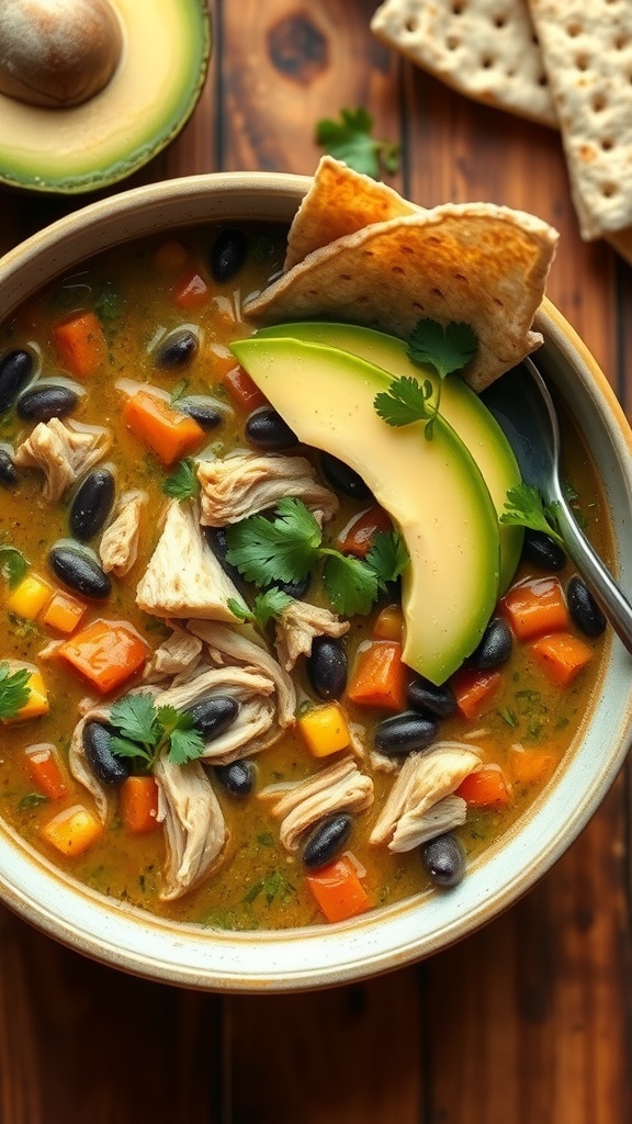 Salsa Verde Chicken Soup Recipe A bowl of salsa verde chicken soup with shredded chicken, beans, corn, garnished with cilantro and avocado, on a rustic table.